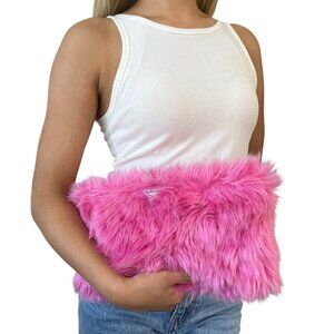 PRADA Vintage Logo Faux Fur Clutch Bag Pelliccia Zip Pink Silver [106049]